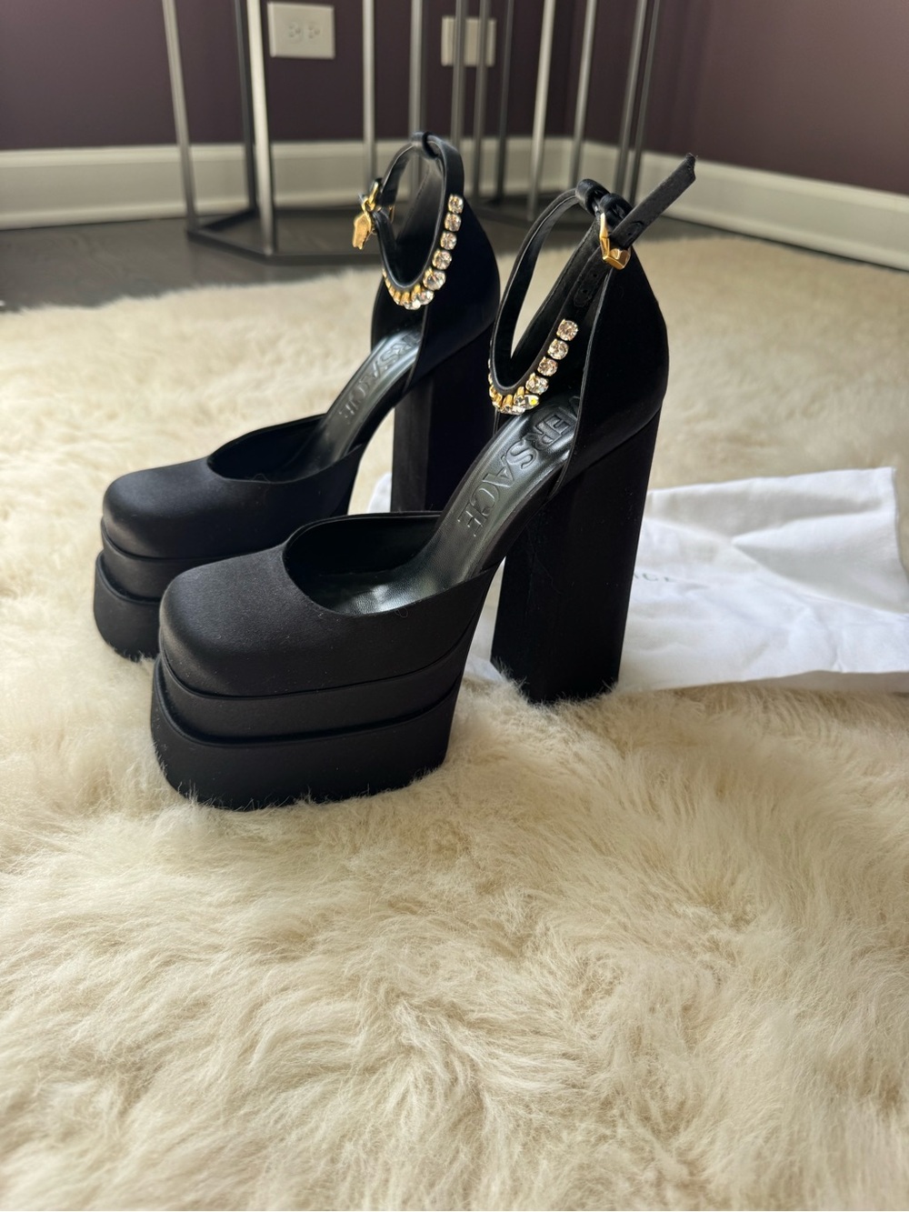 Versace Black Platform Block Heel Pumps with Rhinestone Ankle Strap